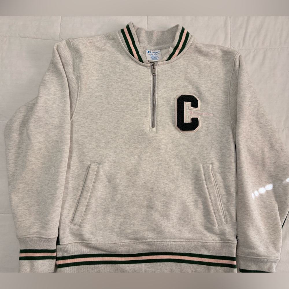 Champion Sweatshirt Reverse Weave Gray Green Pink Pipping Zip Pockets
